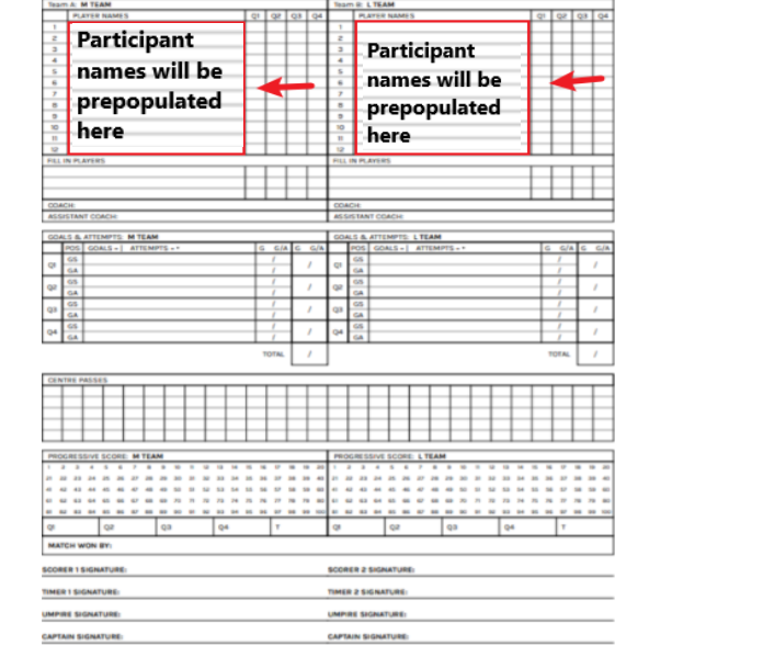 Basic Netball Score Sheet