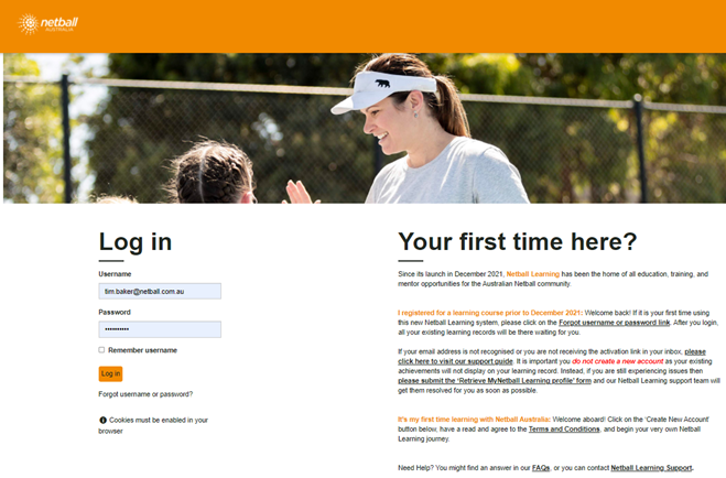 Netball Learning Homepage Scrnshot 